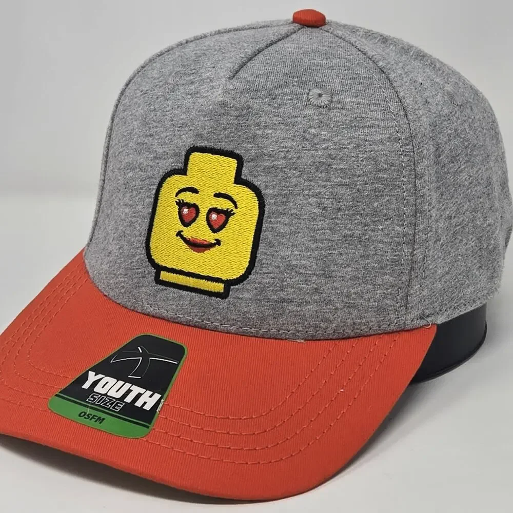LEGO Minifigure Heart Eyes Face Youth Snapback Hat Gray Red Baseball Cap OSFM